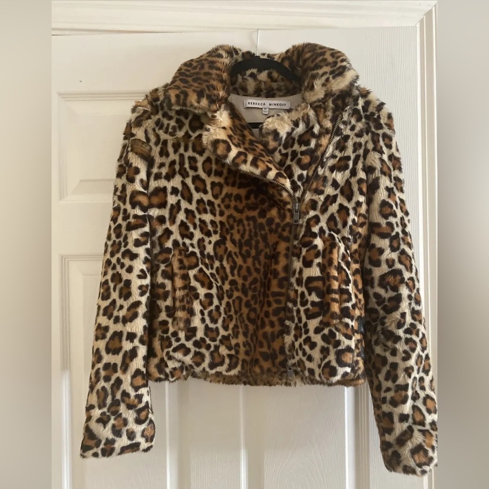 Rebecca Minkoff medium Hudson Faux Fur Moto Jacket Leopard Print